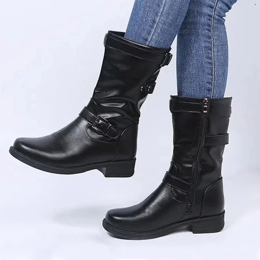 Women's supportive comfort mid-calf biker boots with side zipper – Black