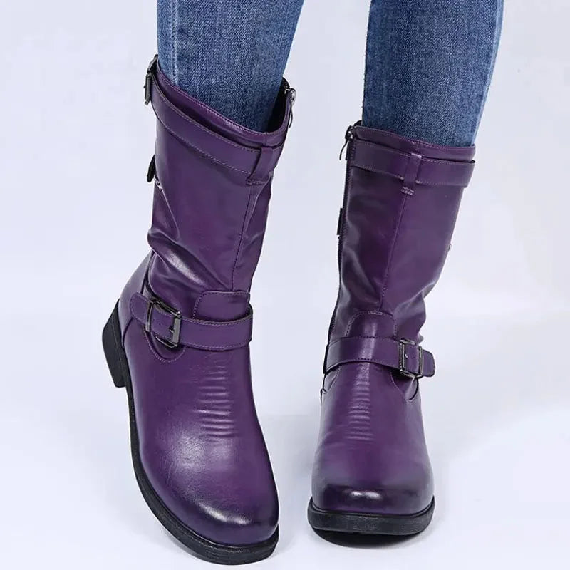 Women's supportive comfort mid-calf biker boots with side zipper
