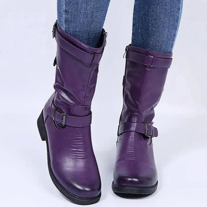 Women's supportive comfort mid-calf biker boots with side zipper
