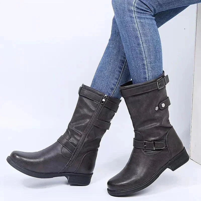 Women's supportive comfort mid-calf biker boots with side zipper – Grey