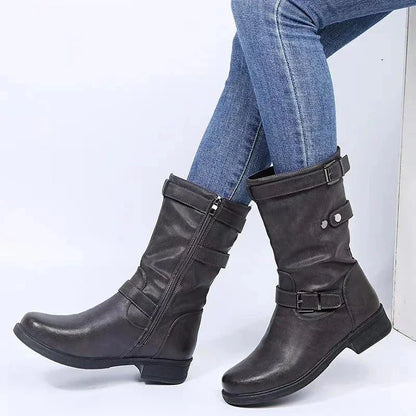 Women's supportive comfort mid-calf biker boots with side zipper – Grey