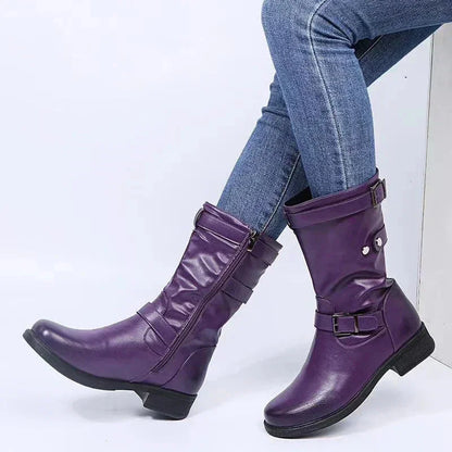 Women's supportive comfort mid-calf biker boots with side zipper – Purple