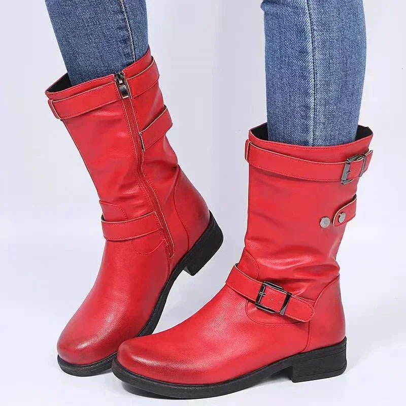 Women's supportive comfort mid-calf biker boots with side zipper – Red