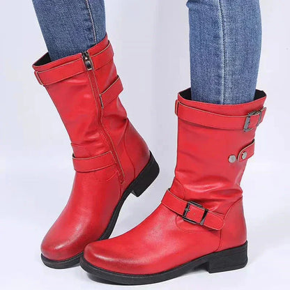 Women's supportive comfort mid-calf biker boots with side zipper – Red