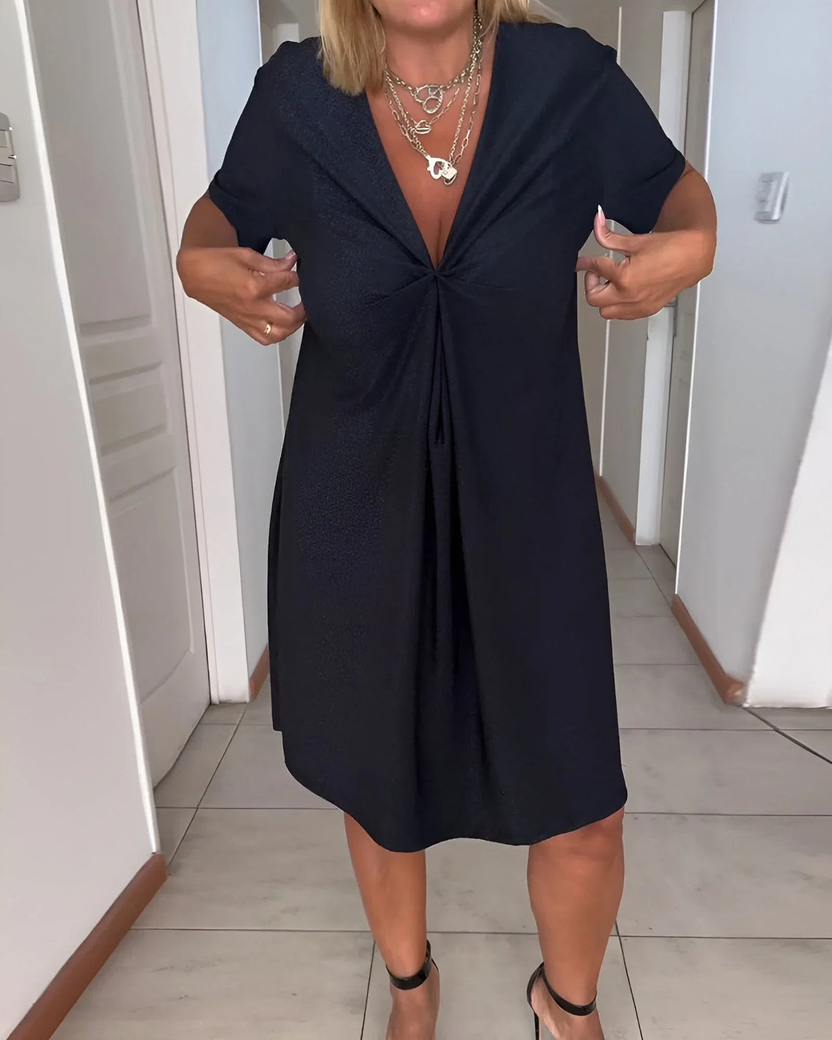 Women's V-neck ruched tummy-control mini dress with cuffed short sleeves – Black