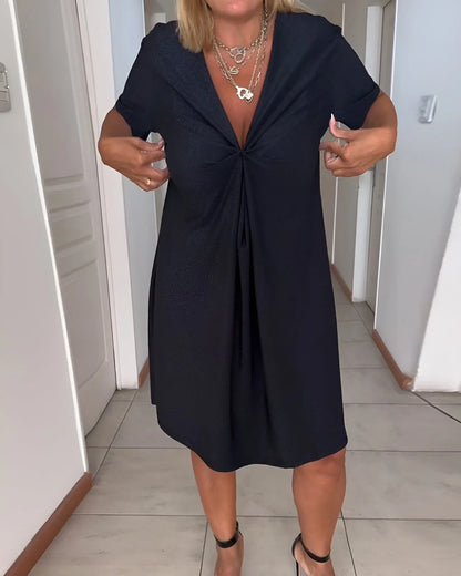Women's V-neck ruched tummy-control mini dress with cuffed short sleeves – Black