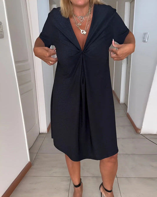 Women's V-neck ruched tummy-control mini dress with cuffed short sleeves – Black