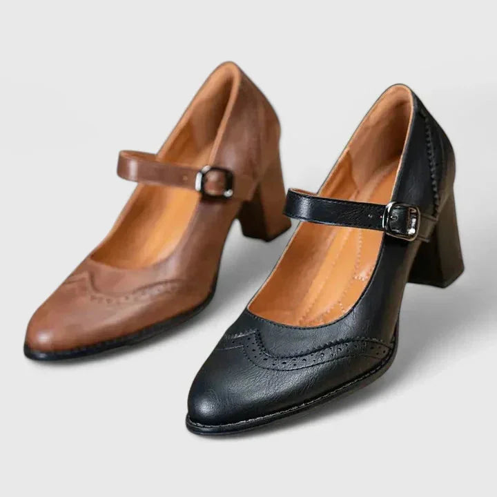 Women's block-heel Mary Jane shoes with buckled strap and brogue detailing