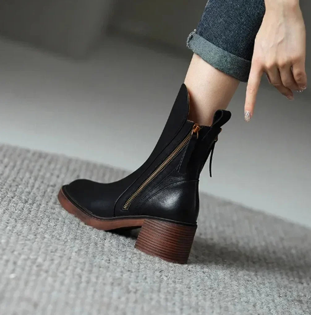 Women's block-heel side-zip leather ankle boots