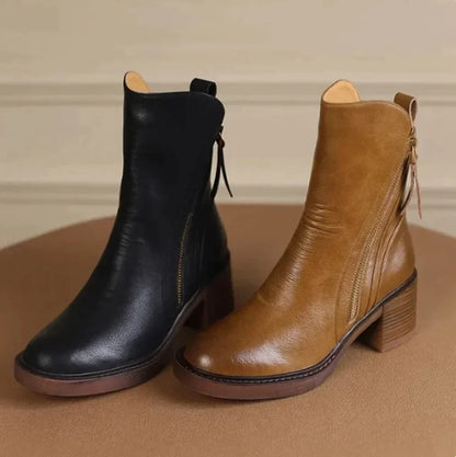 Women's block-heel side-zip leather ankle boots