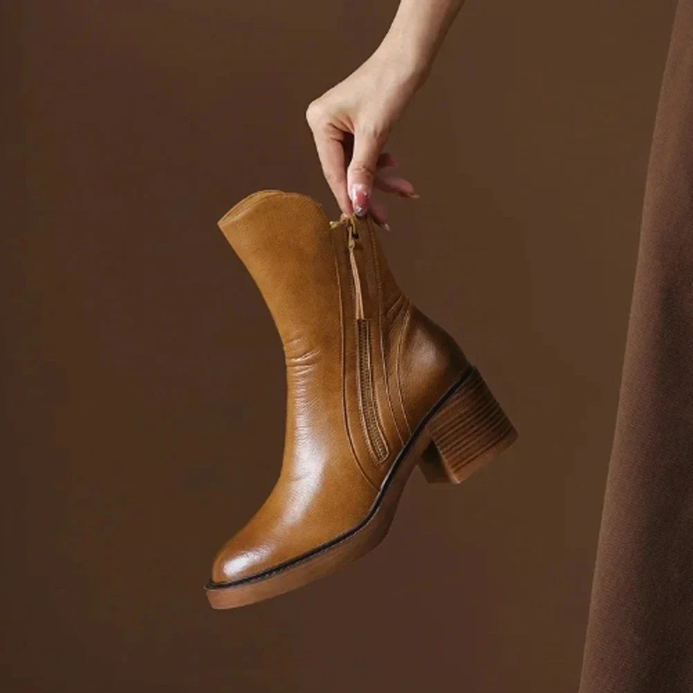 Women's block-heel side-zip leather ankle boots