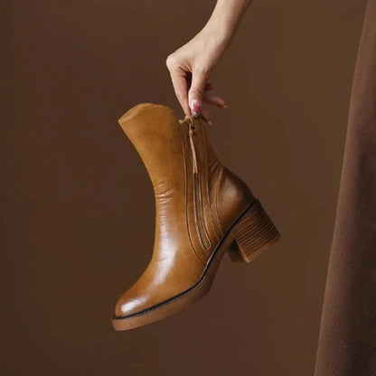 Women's block-heel side-zip leather ankle boots