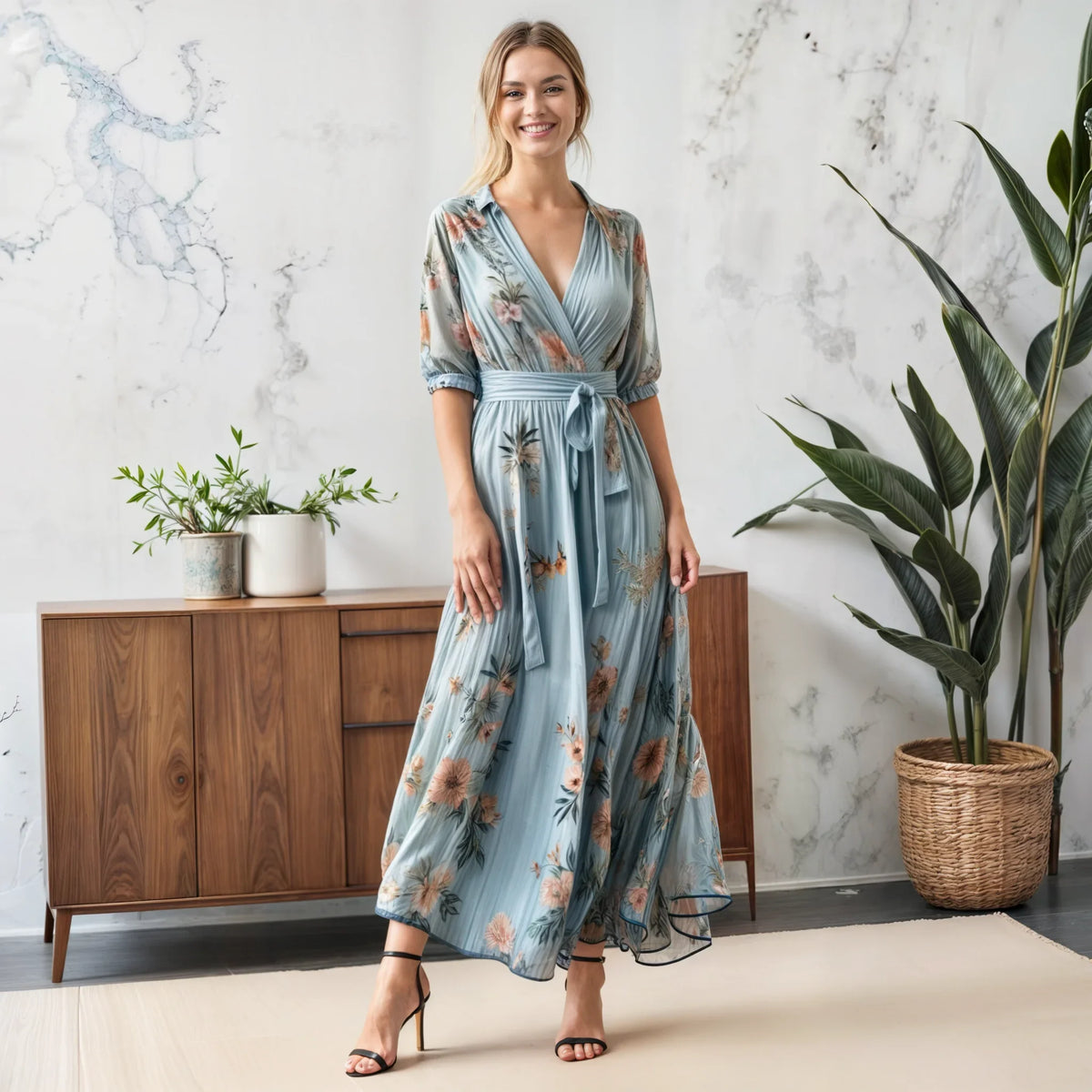 Women's floral midi dress with V-neck tie-waist and puff sleeves – Blue