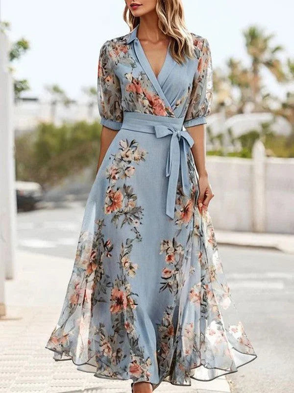 Women's floral midi dress with V-neck tie-waist and puff sleeves – Blue