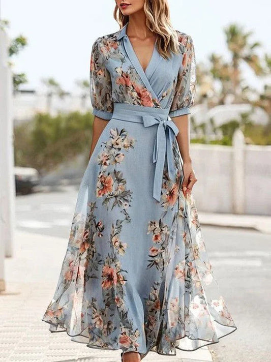 Women's floral midi dress with V-neck tie-waist and puff sleeves – Blue