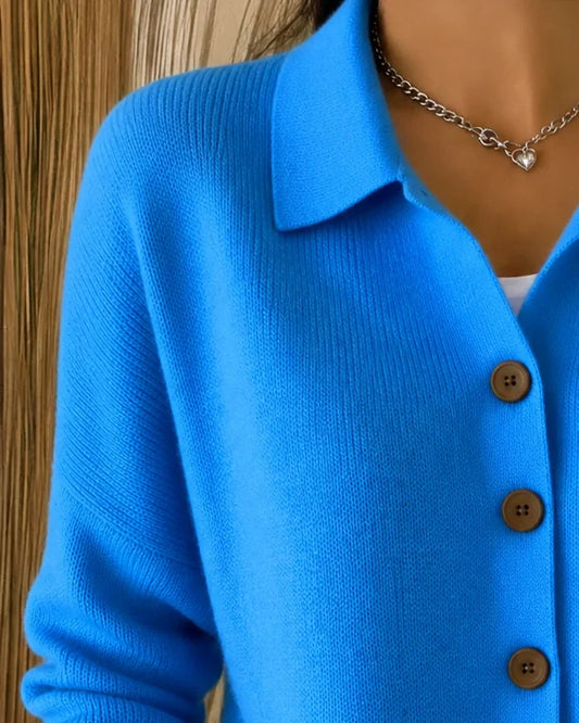 Women's knit collared button-front cardigan sweater with long sleeves