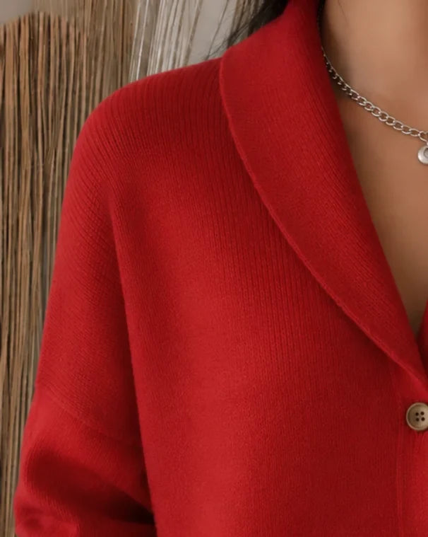 Women's knit collared button-front cardigan sweater with long sleeves