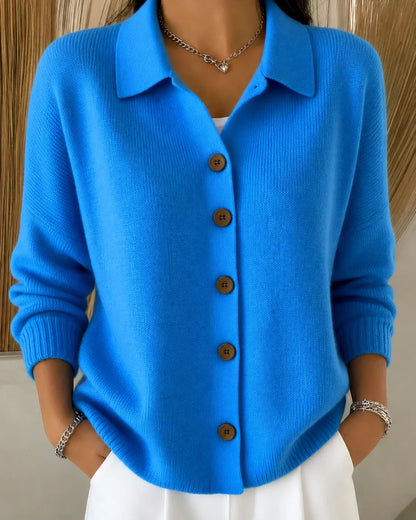 Women's knit collared button-front cardigan sweater with long sleeves – Blue