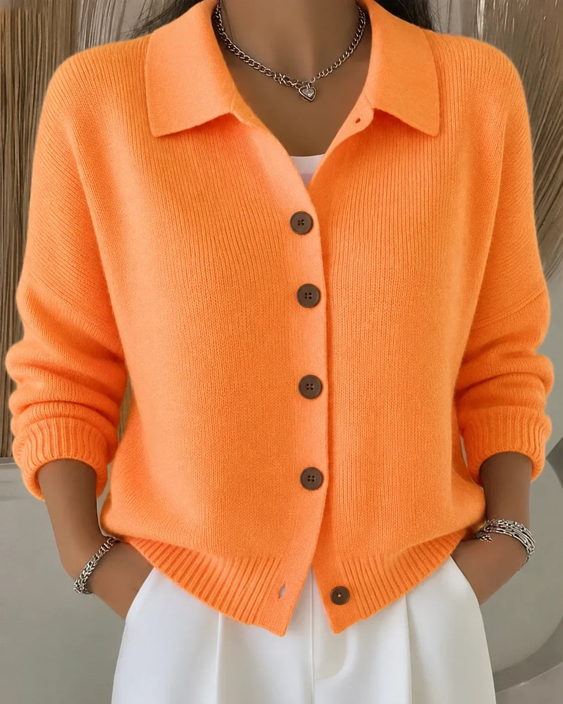 Women's knit collared button-front cardigan sweater with long sleeves – Orange