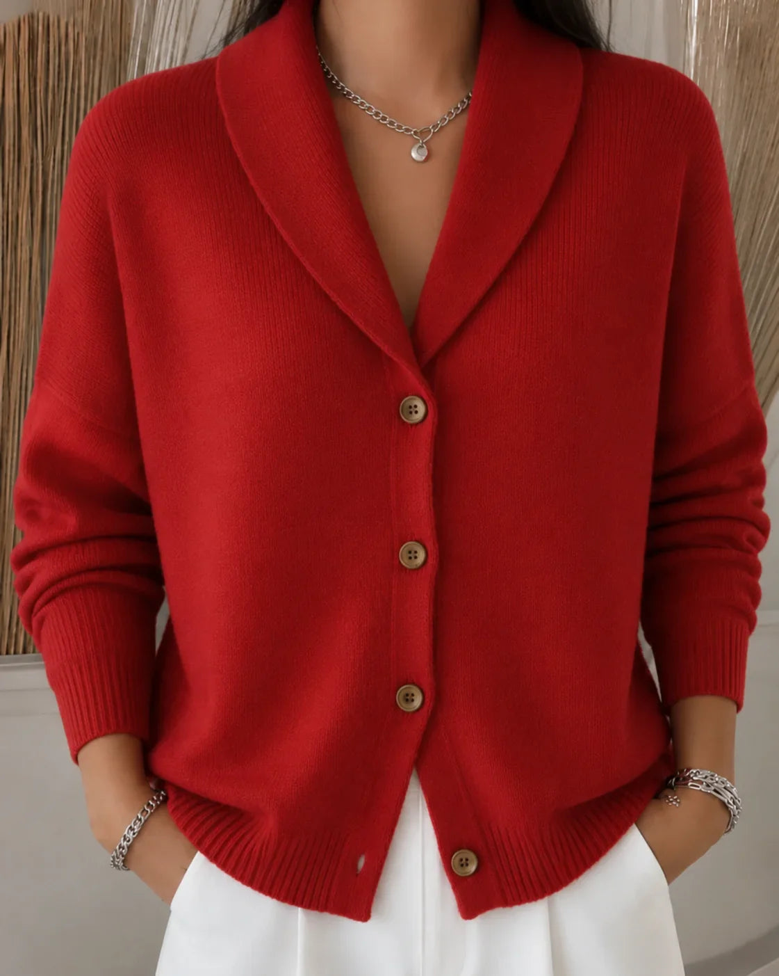 Women's knit collared button-front cardigan sweater with long sleeves – Red