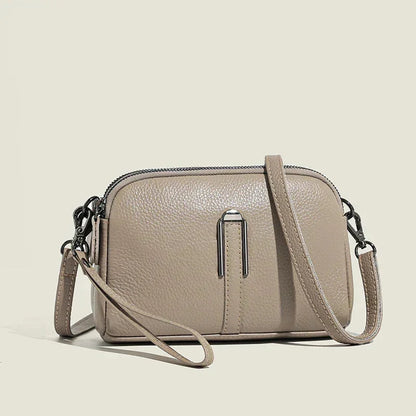 Women's leather shoulder bag with double zip closure and metal accent – Khaki