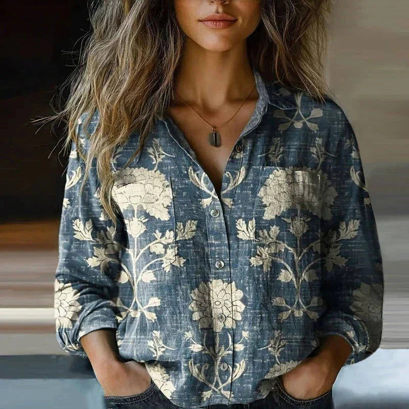 Women's bohemian patterned relaxed-fit blouse with button-front long sleeves – Blue