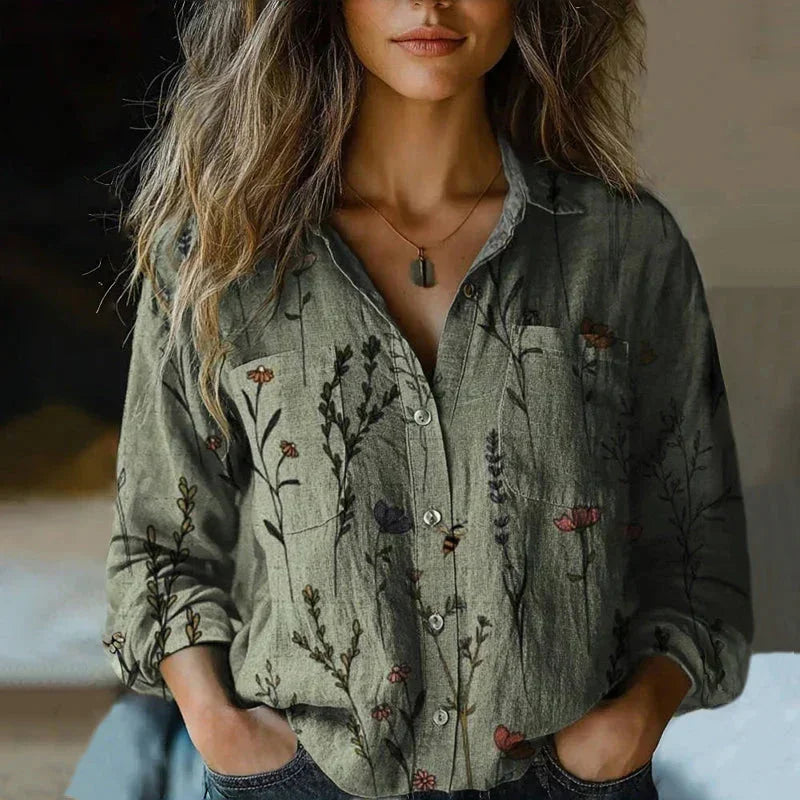 Women's bohemian patterned relaxed-fit blouse with button-front long sleeves – Green