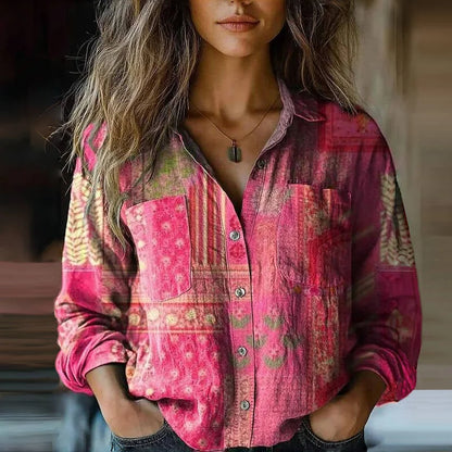 Women's bohemian patterned relaxed-fit blouse with button-front long sleeves – Pink
