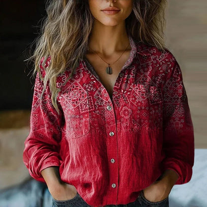 Women's bohemian patterned relaxed-fit blouse with button-front long sleeves – Red