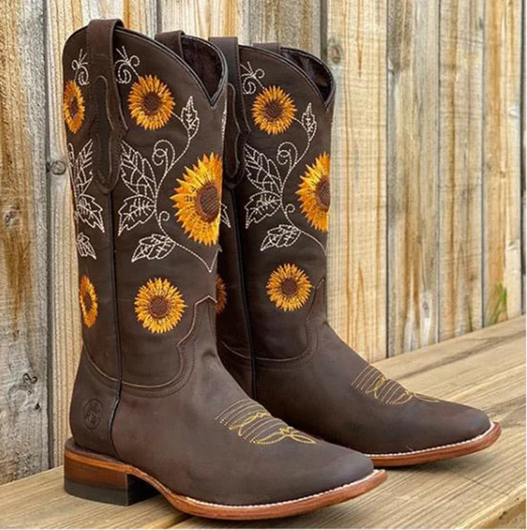Women's bohemian sunflower-embroidered western leather boots