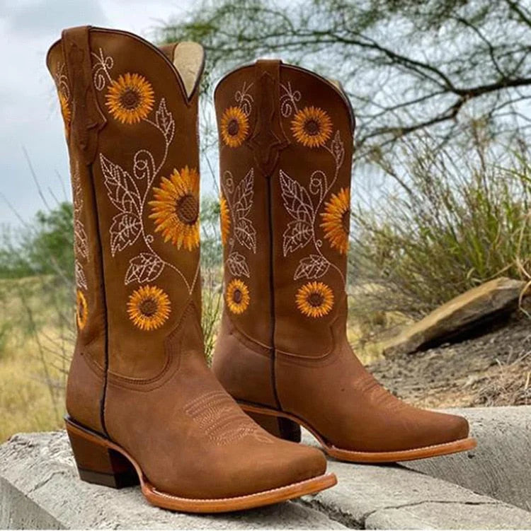 Women's bohemian sunflower-embroidered western leather boots – Brown