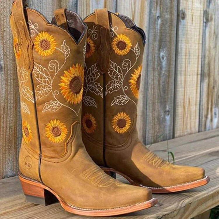 Women's bohemian sunflower-embroidered western leather boots – Khaki