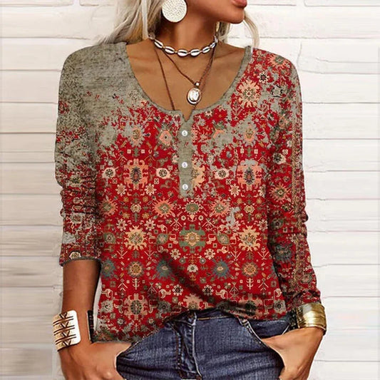Women's boho gradient print long-sleeve blouse with V-neck Henley placket – Red