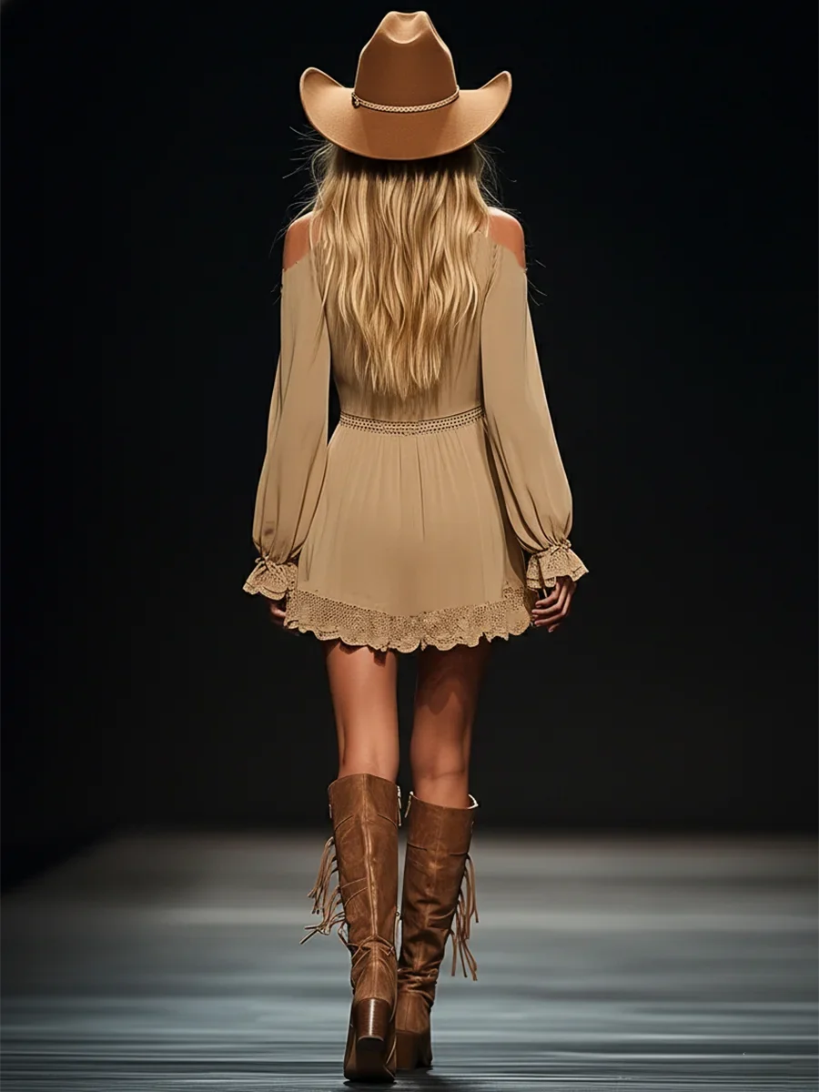 Women's boho off-shoulder long-sleeve mini dress with deep V-neck & crochet waist – Khaki