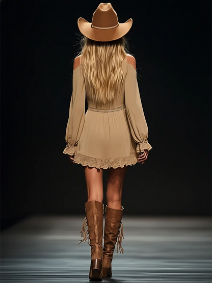 Women's boho off-shoulder long-sleeve mini dress with deep V-neck & crochet waist – Khaki