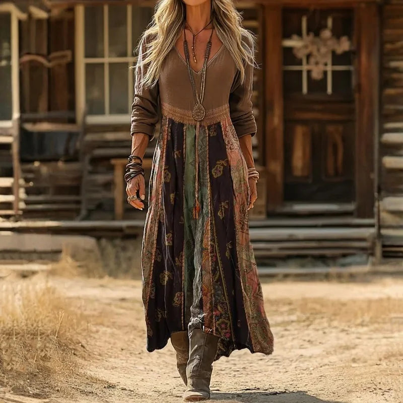 Women's boho patchwork maxi dress with long sleeves, V-neck, smocked waist – Brown
