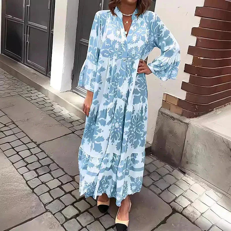 Women's boho printed flowy maxi dress with V-neck long bell-sleeves – Blue
