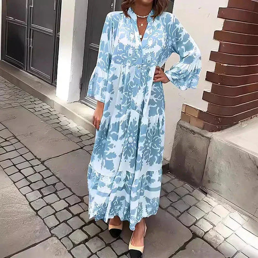 Women's boho printed flowy maxi dress with V-neck long bell-sleeves – Blue