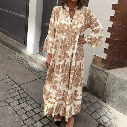 Women's boho printed flowy maxi dress with V-neck long bell-sleeves – Brown