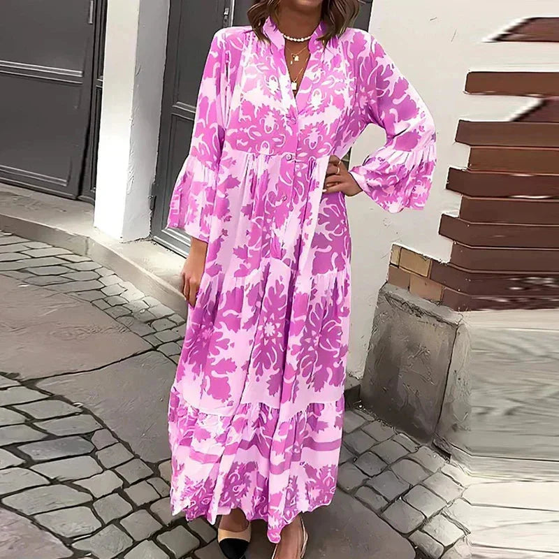 Women's boho printed flowy maxi dress with V-neck long bell-sleeves – Purple