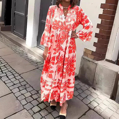 Women's boho printed flowy maxi dress with V-neck long bell-sleeves – Red