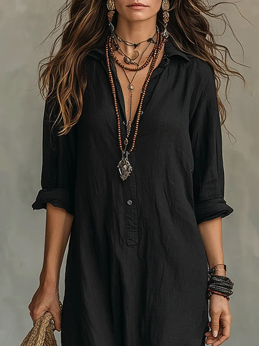 Women's boho relaxed shirt maxi dress with button-front long-sleeve and side slit