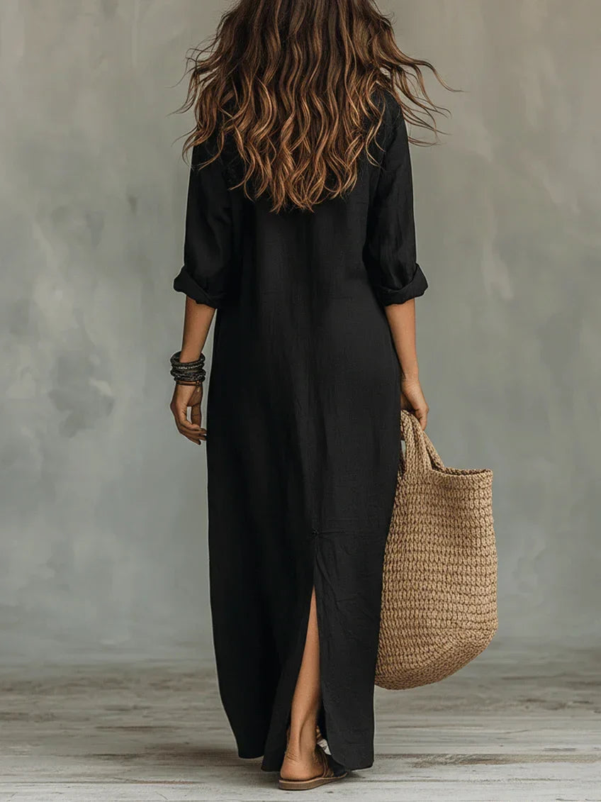 Women's boho relaxed shirt maxi dress with button-front long-sleeve and side slit