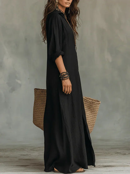 Women's boho relaxed shirt maxi dress with button-front long-sleeve and side slit