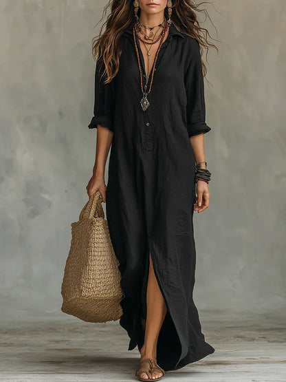 Women's boho relaxed shirt maxi dress with button-front long-sleeve and side slit – Black