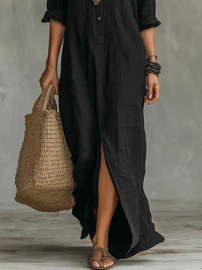 Women's boho relaxed shirt maxi dress with button-front long-sleeve and side slit