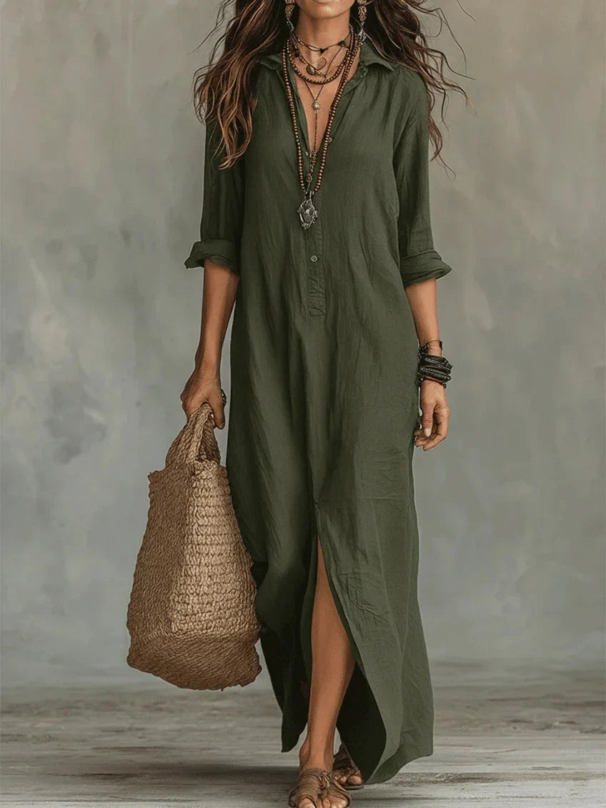 Women's boho relaxed shirt maxi dress with button-front long-sleeve and side slit – Green