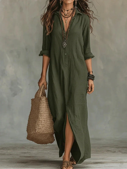 Women's boho relaxed shirt maxi dress with button-front long-sleeve and side slit – Green