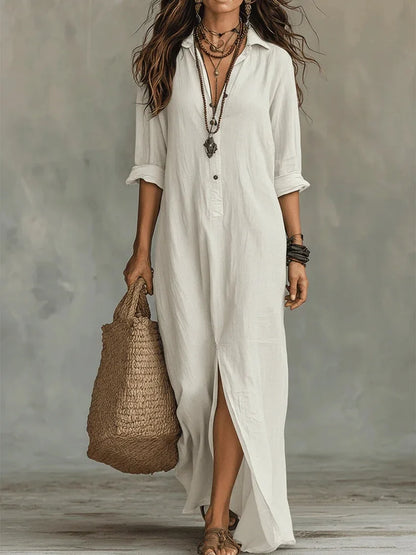 Women's boho relaxed shirt maxi dress with button-front long-sleeve and side slit – White