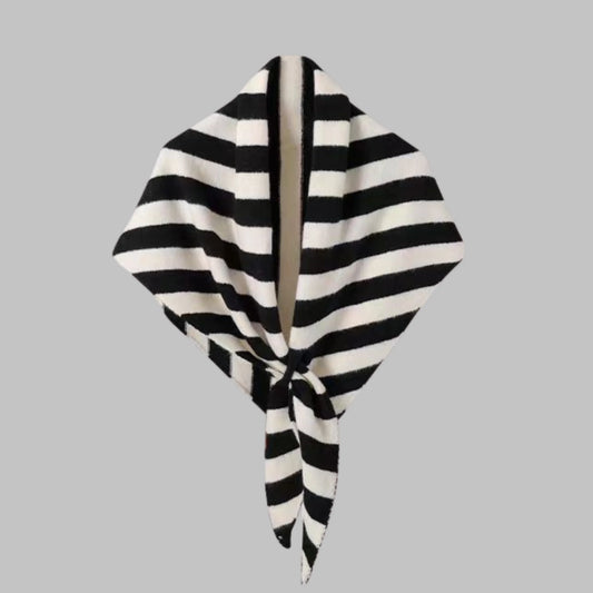 Women's bold horizontal striped soft knit triangle shawl – Black Striped